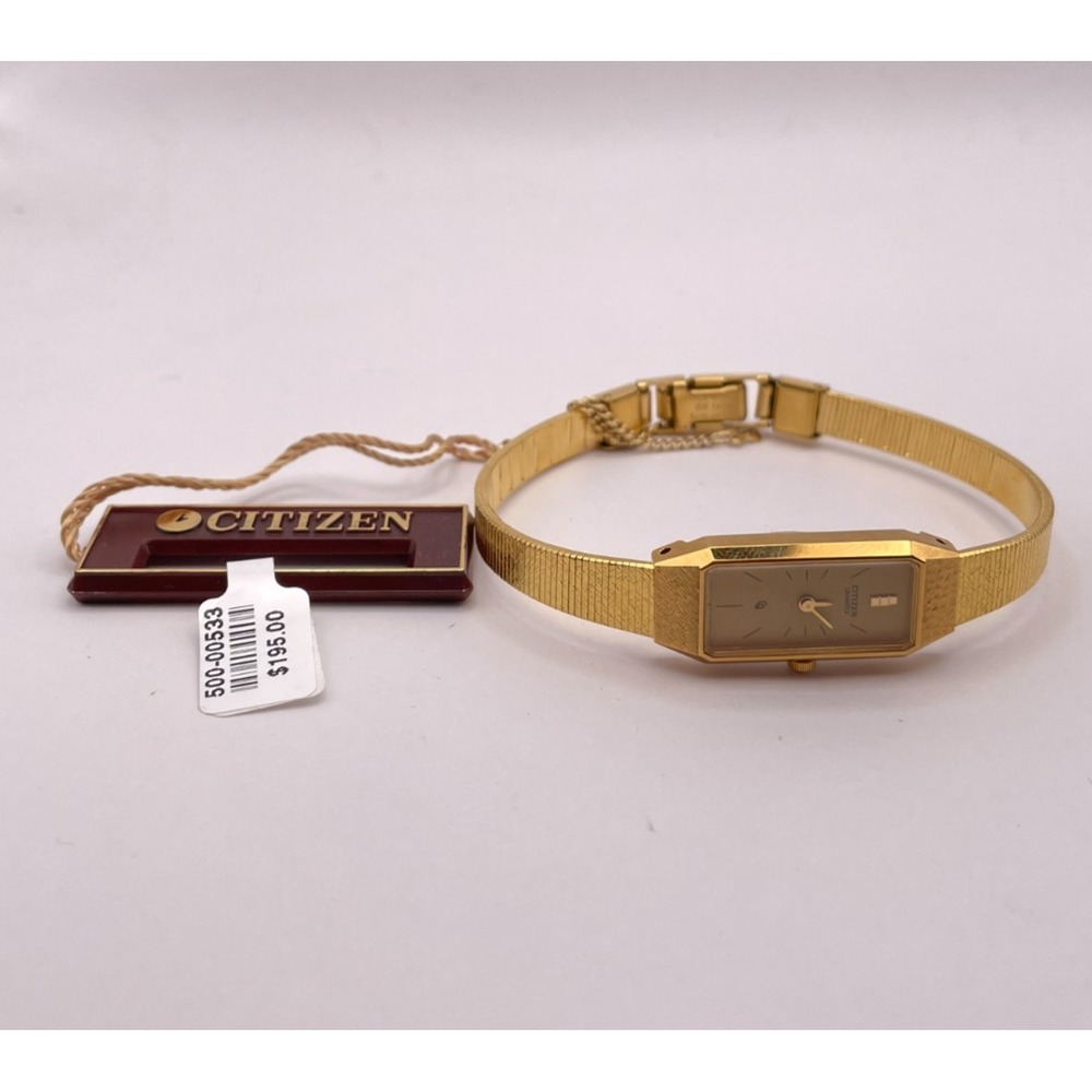 Vintage Citizen Quartz Ladies Rectangle Watch Gold Tone Band NOS Untested